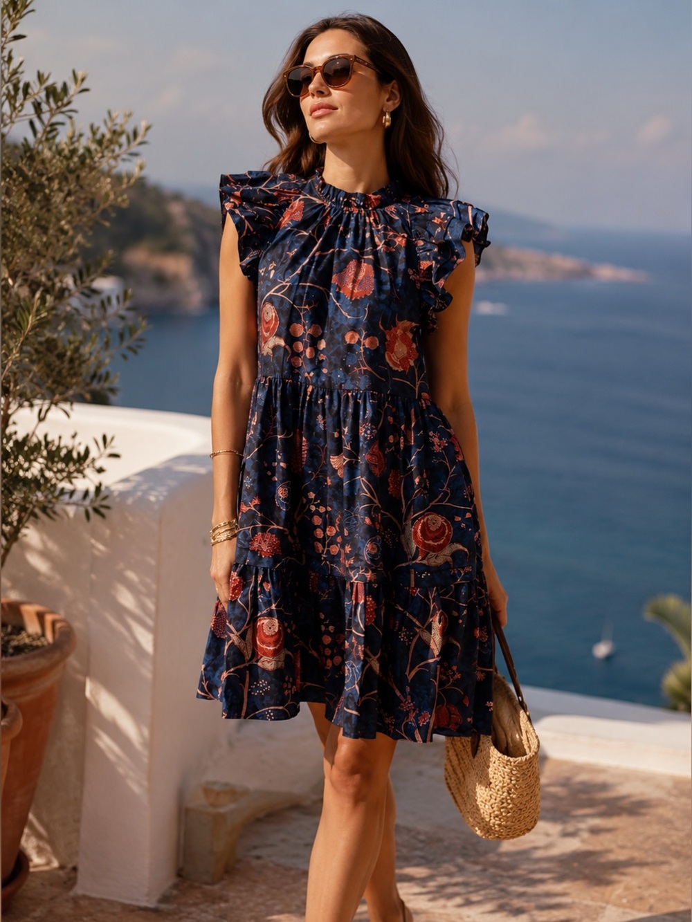 Ulla Johnson Midnight and Coral‎ Floral Midi Dress